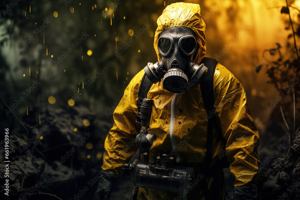man in chemical protective mask and radioactive protective suit, generative ai man in chemical protective mask and radioactive protective suit, generative ai