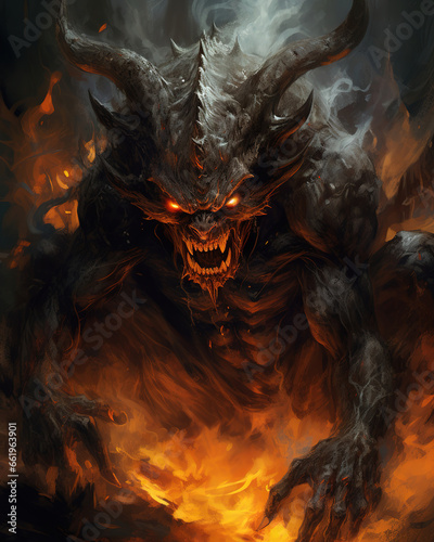 demon on fire, showing his eyes and face, generative ai 