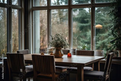 Dining table with chairs by window at home, generative ai 