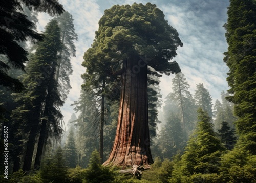 Ancient Giant sequoia tree. Green forest nature. Generate Ai photo