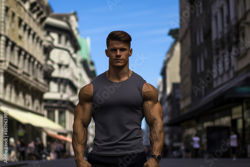 man with short hair, bodybuilder on the street, generative ai © vvalentine