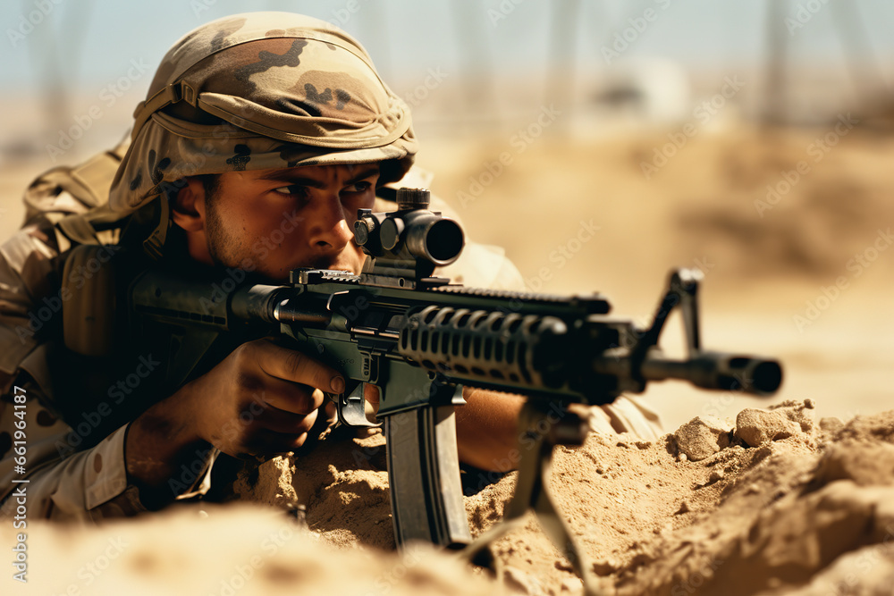 Fototapeta premium soldier takes aim with a weapon in his hands in a combat zone, generative ai 