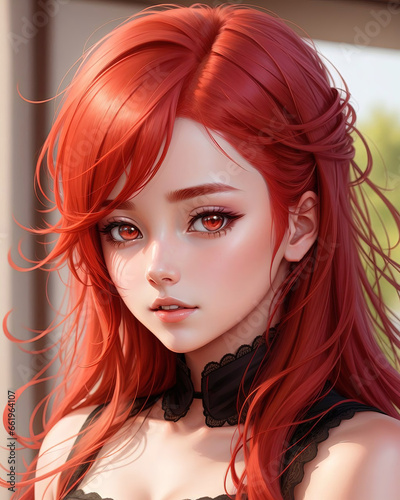 Portrait of anime girl with red hair  generative ai