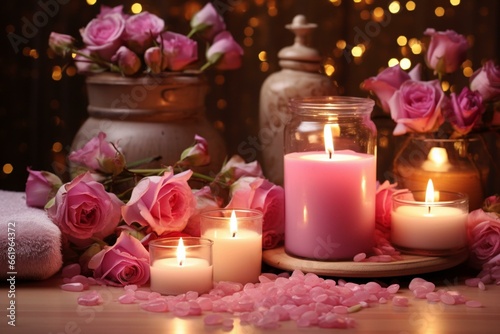 Spa concept with pink flowers  roses  and candlelight in a salon. Generative AI