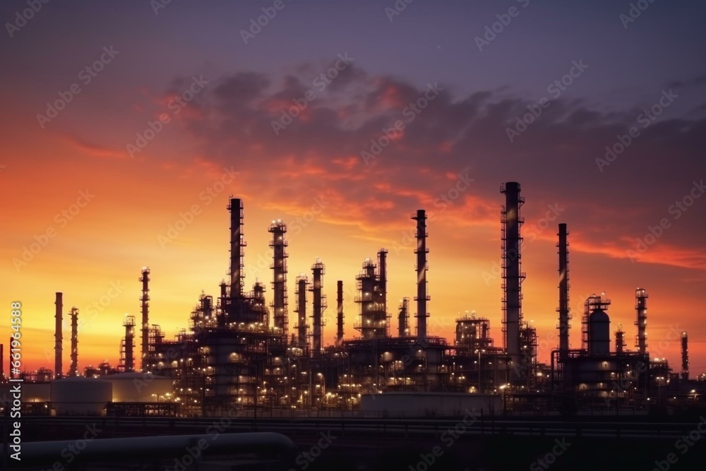 Industrial scene, oil refinery work at sunset. Generative AI