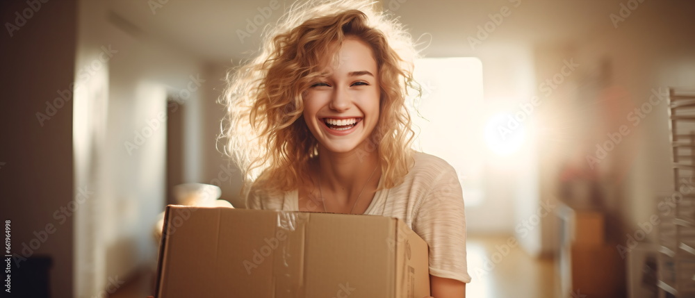 New Beginnings : Radiant young woman with blond hair, carrying large box during a move. Empty, illuminated apartment as backdrop. Symbol of fresh start and new life in apartment. Generative ai - obrazy, fototapety, plakaty 