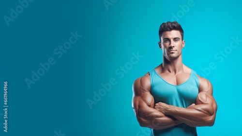 Male bodybuilder on anabolic steroids infront of clean blue background photo