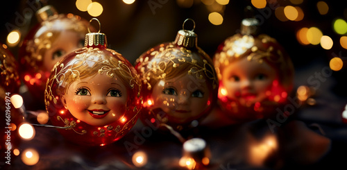 Christmas motif with children's faces and shiny Christmas balls