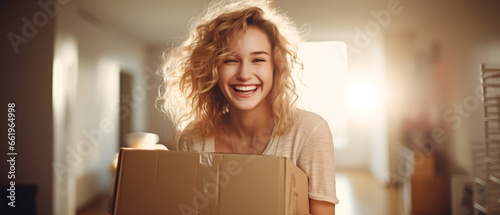 New Beginnings : Radiant young woman with blond hair, carrying large box during a move. Empty, illuminated apartment as backdrop. Symbol of fresh start and new life in apartment. Generative ai