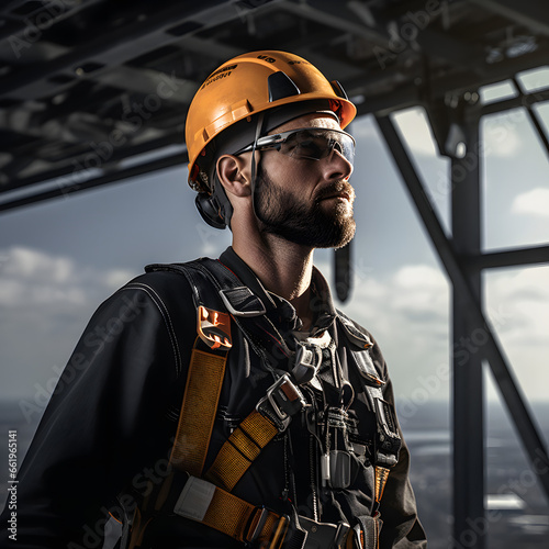  worker on an elevated platform, securely strapped into a safety harness photo