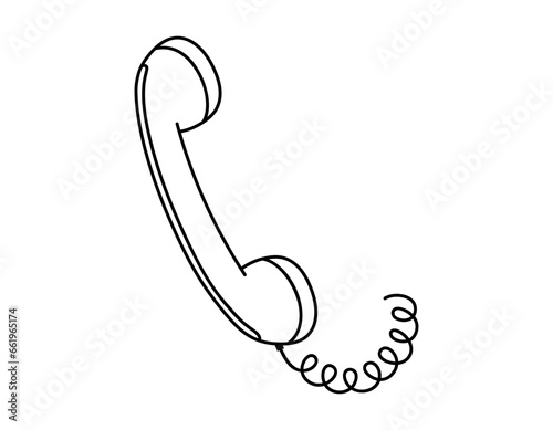 Hand drawn cute outline illustration of retro phone handset. Flat vector old telephone with dial sticker in simple line art doodle style. Call device line icon or print. Isolated on white background.