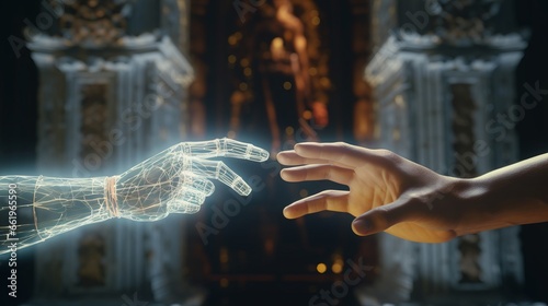 A human hand and a holographic humanoid hand delicately touch each other, harmonious coexistence of humans and AI technology, artificial intelligence, machine learning, virtual reality photo