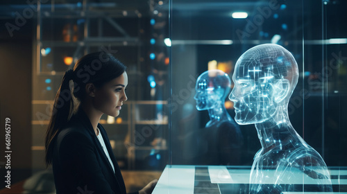 Woman talking with ai hologram, harmonious coexistence of humans and AI technology, artificial intelligence, machine learning, virtual reality, futuristic technology