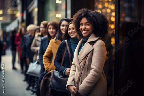 Black Friday Konzept, lächelnde Frauen stehen in der Schlange vor einem Geschäft um auf Schnäppchenjagd zu gehen, Konsum und Kauflust