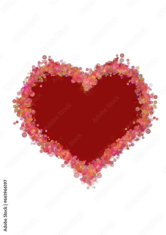 A large red heart outlined by small circles of different sizes and transparency of red, orange, red and violet and their shades are folded into a heart on a white background, Close-up. Illustration.