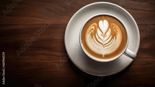 Cup of coffee with latte art on wooden table background