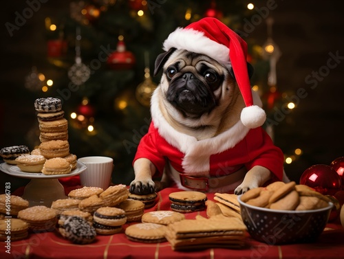  Pug in a Christmas hat surrounded by treats