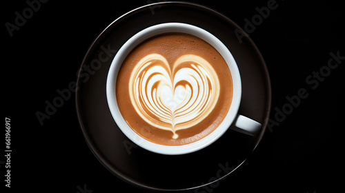 Cup of coffee with latte art on the black background. Top view