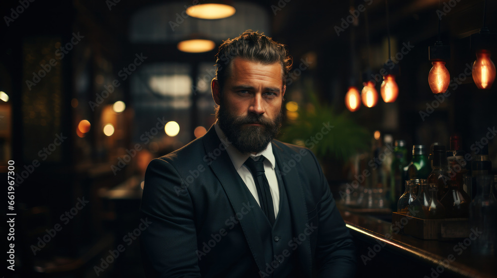onfident and bearded young man, elegantly dressed in a business suit and tie, maintains direct eye contact with the camera as he sits at a bar. image represents the world of business and professional.