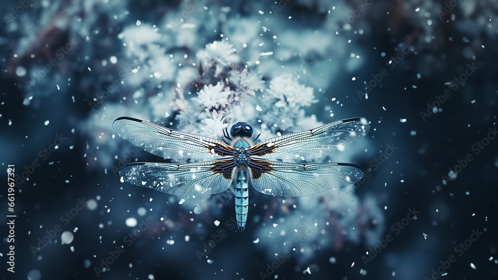 Libelle im Schnee in wunderbaren blauen Farbton als Querformat für Banner, ai generativ - obrazy, fototapety, plakaty 