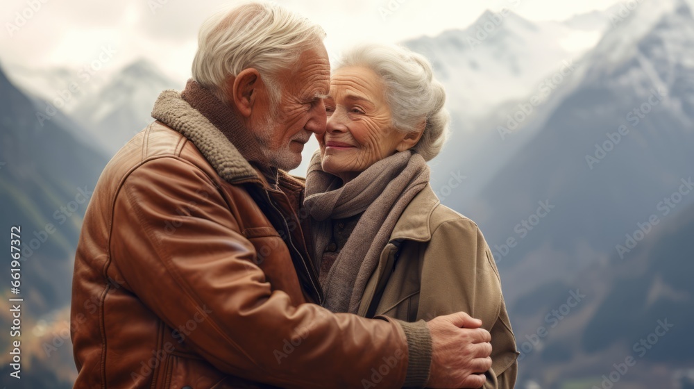 An elderly couple in each other's arms against the backdrop of mountains.