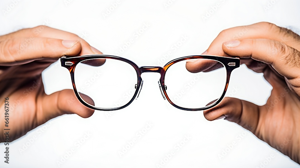 Opticien fait essayer les lunettes à son client, zoom sur les mains et les lunettes - obrazy, fototapety, plakaty 