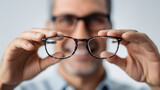 Opticien fait essayer les lunettes à son client, zoom sur les mains et les lunettes avec un flou sur le second plan
