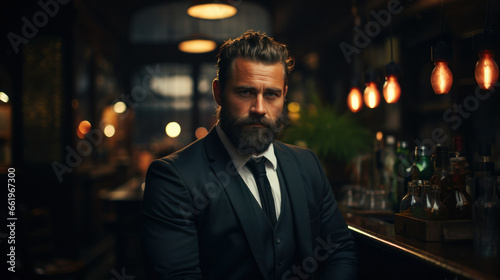 onfident and bearded young man, elegantly dressed in a business suit and tie, maintains direct eye contact with the camera as he sits at a bar. image represents the world of business and professional. © Archil
