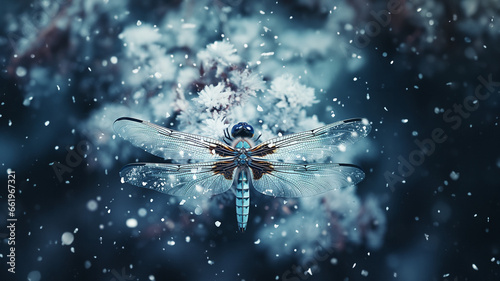 Libelle im Schnee in wunderbaren blauen Farbton als Querformat für Banner, ai generativ