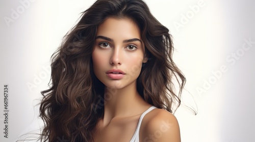 Beautiful girl with loose hair and perfect skin on a gray background.