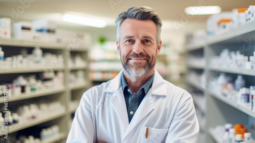 Pharmacien en tenue dans sa pharmacie, homme en focus avec un léger flou sur le background