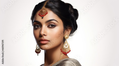 Portrait of an Indian beautiful woman on a white background. 