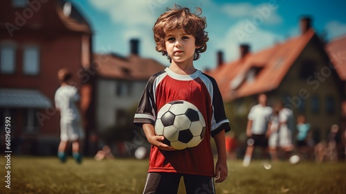 Child playing football. A boy stands in the middle of a sports field and holds a football ball in his hands.  © savvalinka