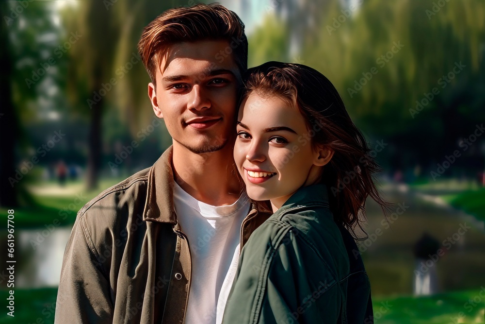A beautiful happy couple young guy and a young girl standing in the park. A beautiful happy couple young guy and a young girl standing in the park.