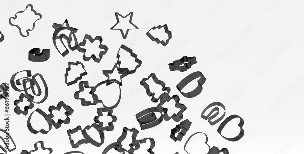 Many of flying gleaming metal cookie cutters, featuring various shapes and sizes - obrazy, fototapety, plakaty 