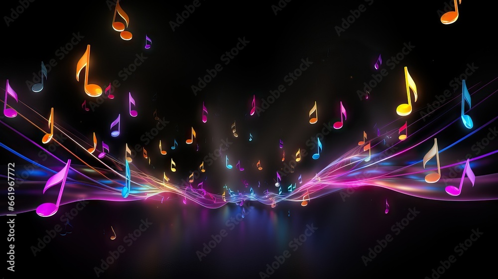 luminous musical notes flying, black background, abstract - obrazy, fototapety, plakaty 