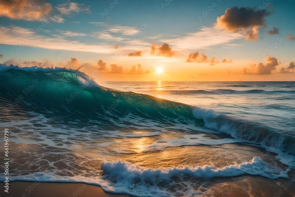 Colourful ocean beach sunrise with deep blue sky and sun rays