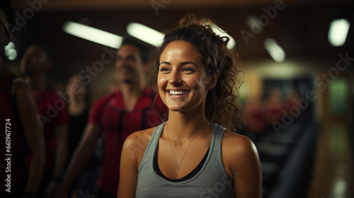 smiling European woman in sportswear looking aside while enjoying gym. Sporty fit American female toothy smiles, satisfied by body shape, training at sport club. Active girl at exercise at gym..