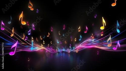 luminous musical notes flying, black background, abstract