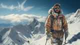 calm man, donned in warm clothing and ski goggles, as he looks directly at the camera while standing against the backdrop of snowy mountains in a serene winter landscape.