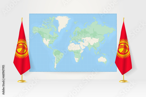 World Map between two hanging flags of Kyrgyzstan flag stand.