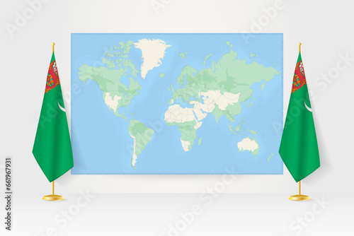 World Map between two hanging flags of Turkmenistan flag stand.