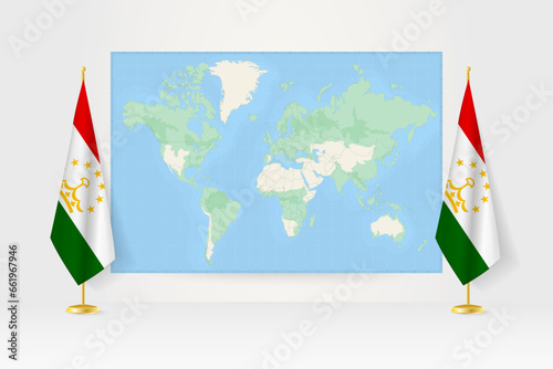 World Map between two hanging flags of Tajikistan flag stand.