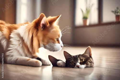 Cat and dog together on floor indoors. © HUSNA
