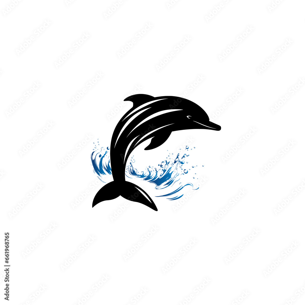 Naklejka premium Dolphin jumping above waves. Monochrome dolphin isolated on a white background. The logo template. Vector illustration