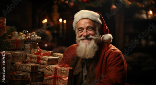 portrait of modern elderly Santa Claus with white beard smiling while looking at camera against stack of presents. Merry Christmas.