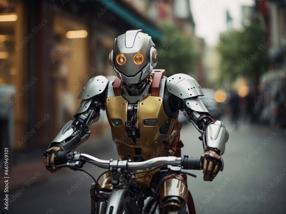 Happy humanoid robot rides a bicycle Happy humanoid robot rides a bicycle