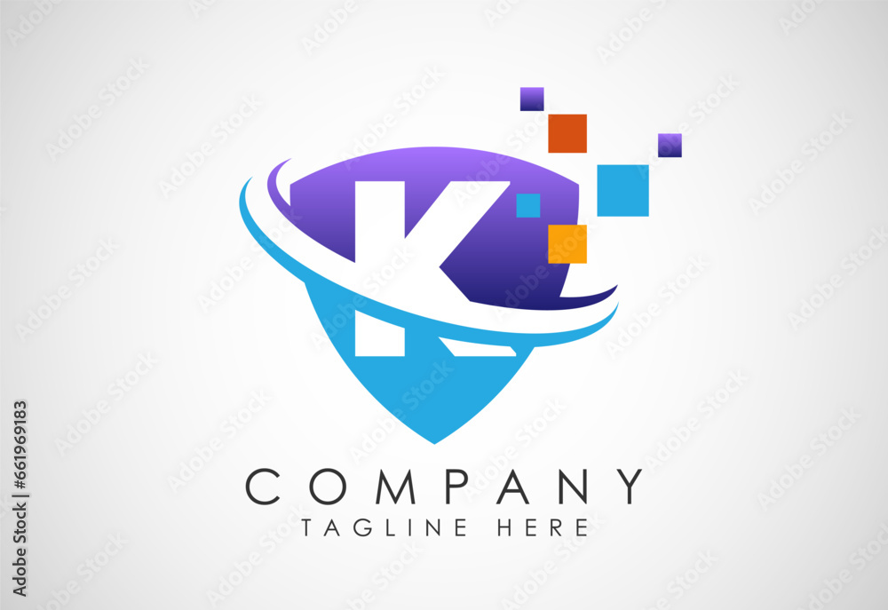 English alphabet K with shield, swoosh and data pixel. Creative technological modern logo design English alphabet K with shield, swoosh and data pixel. Creative technological modern logo design