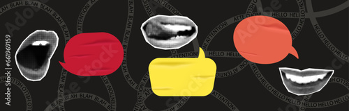 Halftone female mouths and bubble speech. Cutout magazine shapes, modern retro collage elements for mixed media design with copy space for text. Trendy vector illustration
