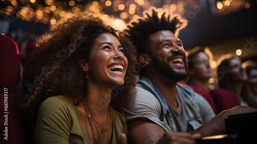 Young American couple watching movie at cinema theatre laughing enjoying comedy show. Curly caucasian young woman at concert hall smiles wide happy ti spend time with boyfriend. Leisure. photo